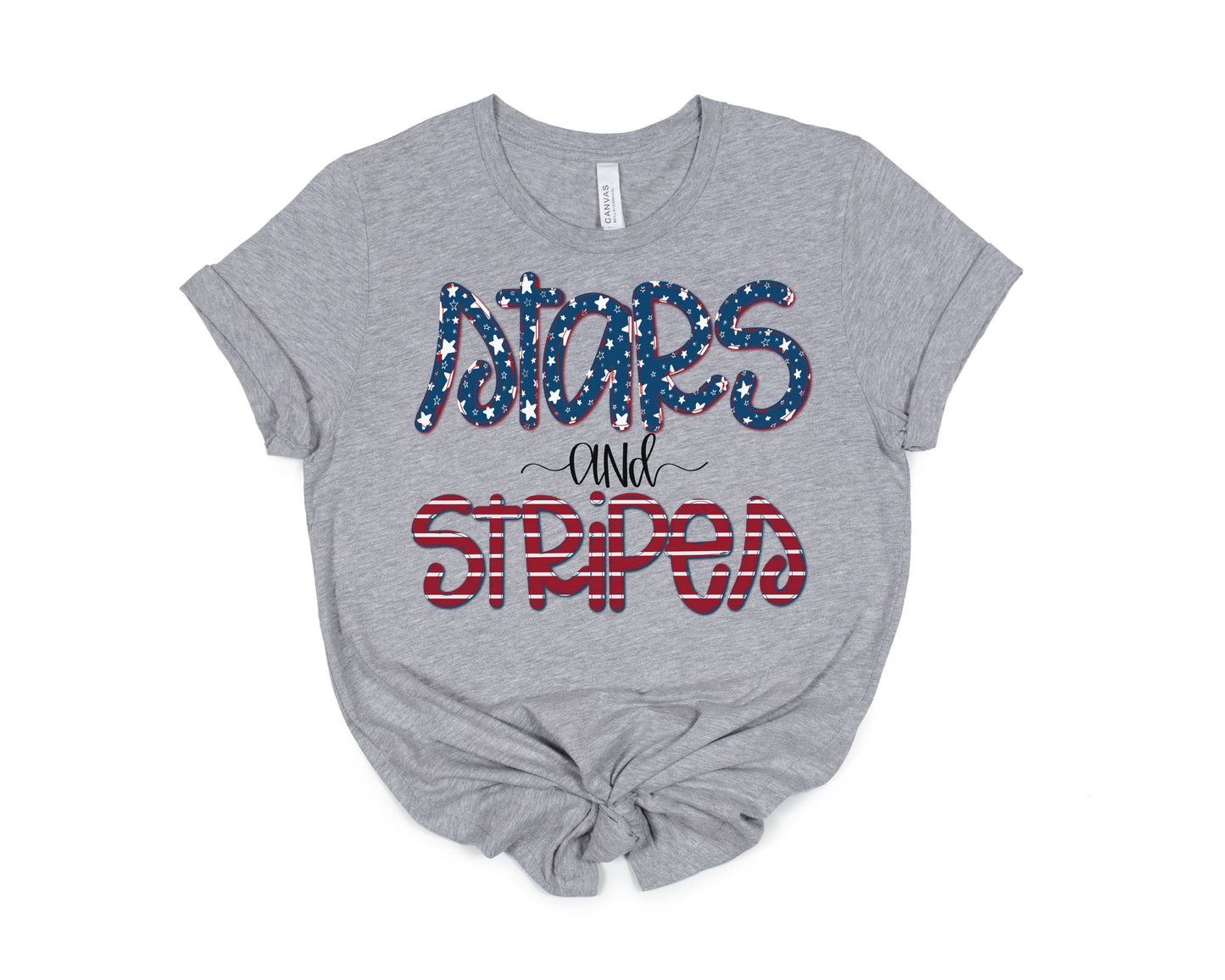 Super soft unisex Bella Canvas gray tee with "Stars and Stripes" in blue, red, and white. Available in sizes S-XXL.