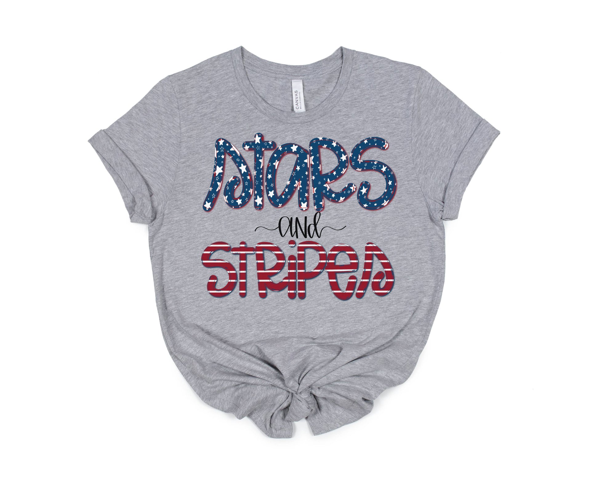 Super soft unisex Bella Canvas gray tee with "Stars and Stripes" in blue, red, and white. Available in sizes S-XXL.