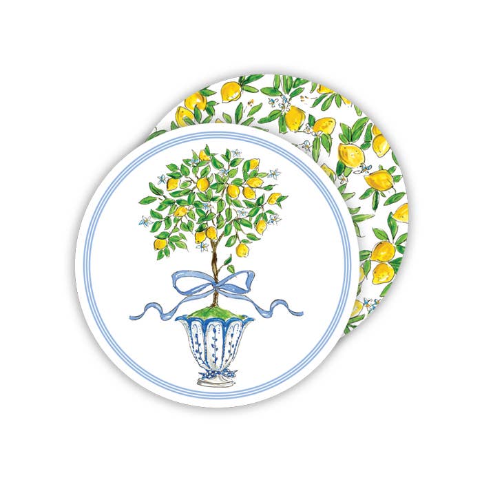Set of two reversible hand-painted round coasters featuring lemon motifs. Sizes available upon request.