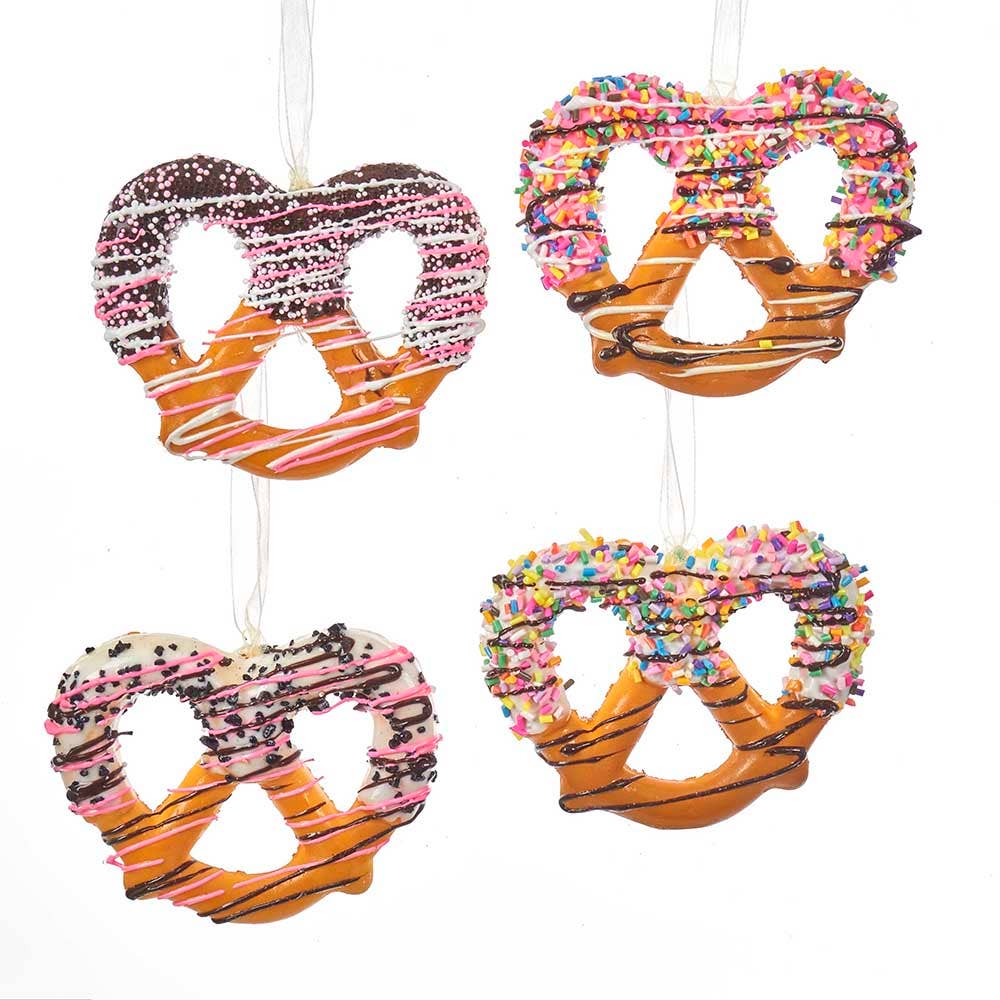 Four twisted pretzel ornaments with icing and sprinkles. Available in multiple sizes.