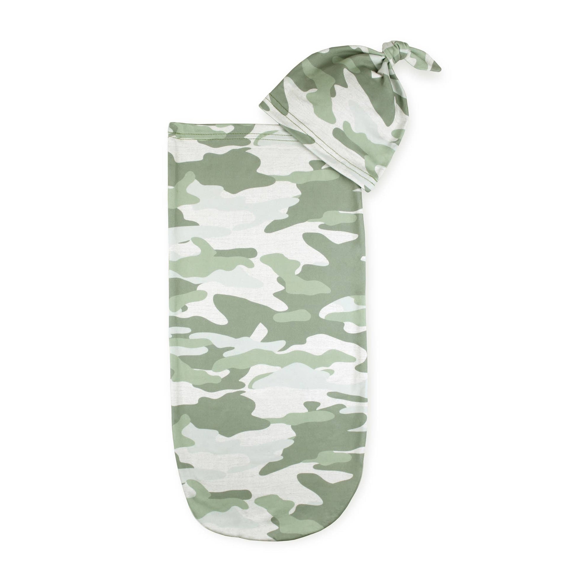 Camo sleeper cacoon with matching hat on white background.