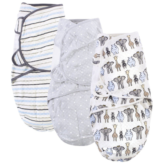 Three Hudson Baby Quilted Cotton Swaddle Wrap 3pk, Royal Safari with different designs: striped, gray with stars, and white with various animals like giraffes and elephants.