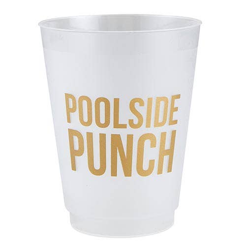 8-pack white plastic Frost Cups with "POOLSIDE PUNCH" in gold. Available in standard drinkware size.
