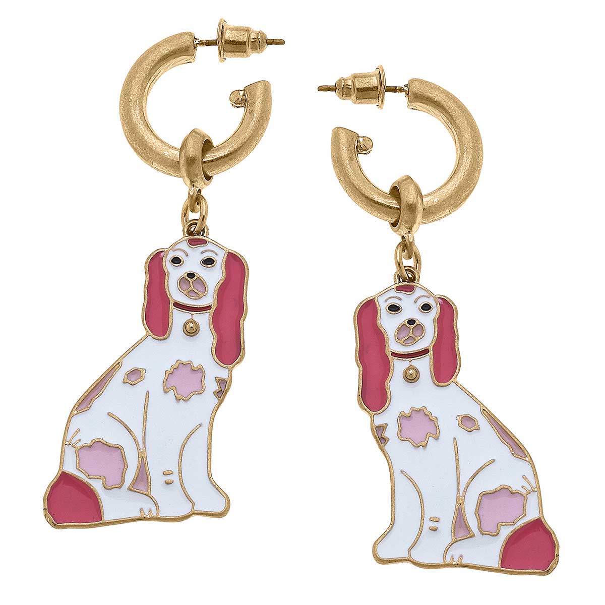 Daphne Enamel Staffordshire Dog Earrings in Pink & White