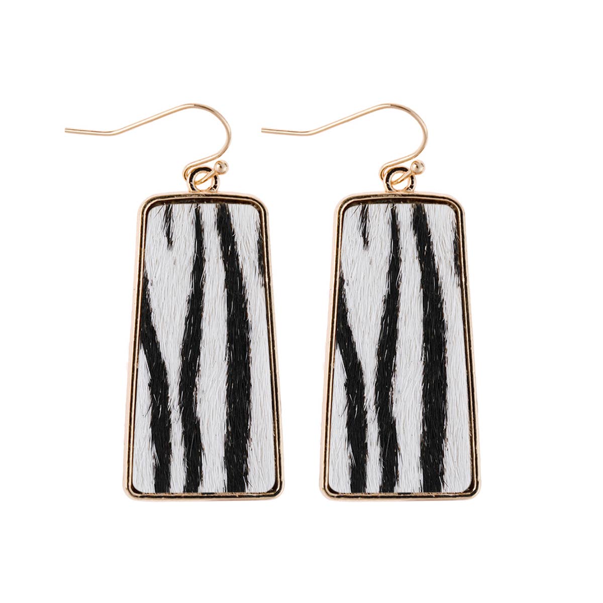 This product consists of a pair of trendy dangling earrings with fish hook attachments. The earrings feature an eye-catching animal print design with black and white stripes framed by thin gold borders. They're made from leather for added durability and style. These earrings are one size fits all, making them versatile wearable accessories.