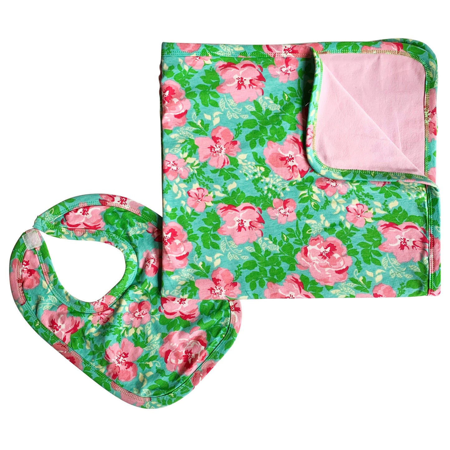 A set of Pink Floral Blanket+Bib Baby Shower Gift Set including a floral-patterned bib, burp cloth, and Egyptian cotton blanket in shades of pink and green, isolated on a white background.