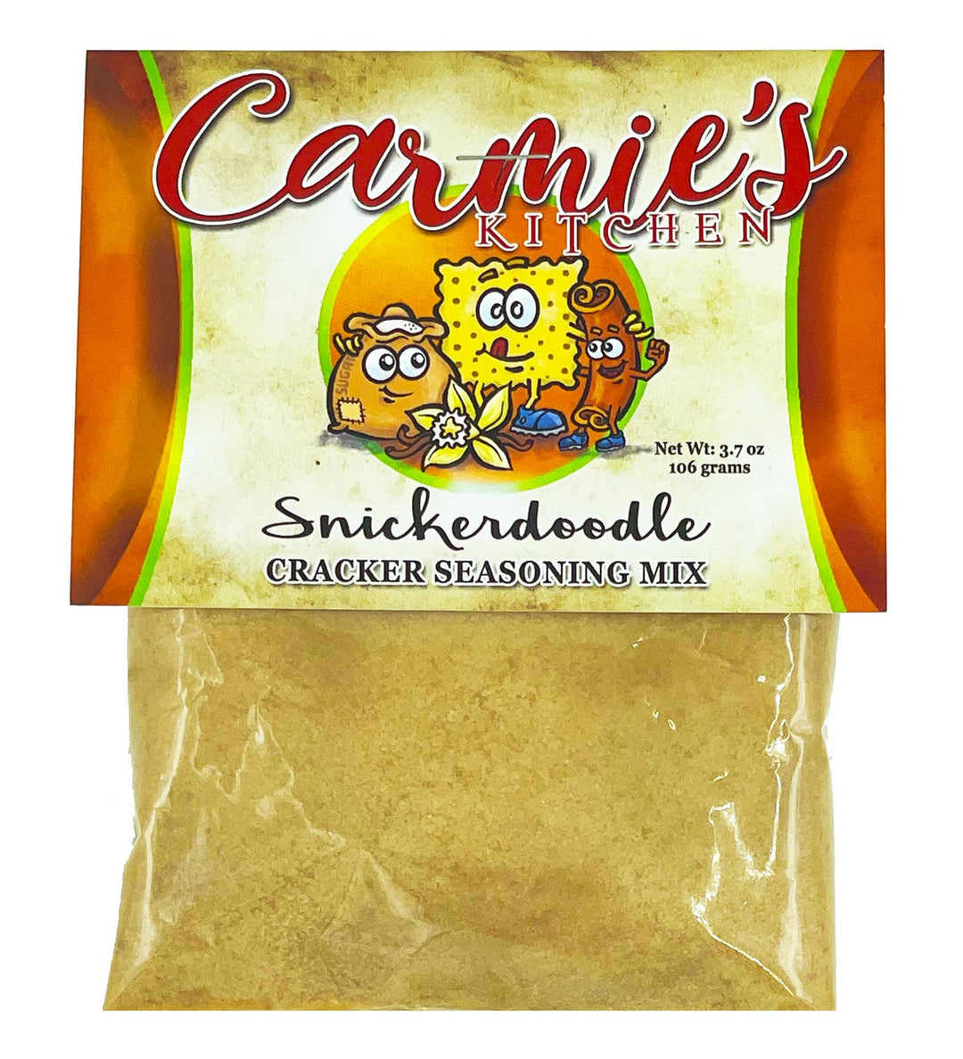 Snickerdoodle Cracker Seasoning packet, clear pouch with colorful label. Net weight 3.7 oz (106 g). No other sizes shown.