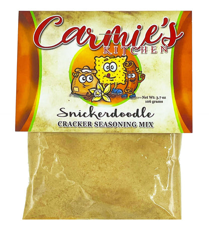 Snickerdoodle Cracker Seasoning packet, clear pouch with colorful label. Net weight 3.7 oz (106 g). No other sizes shown.