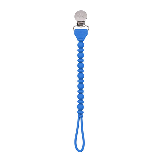 A blue Sweetie Strap™ Silicone One-Piece Pacifier Clips: Hero Blue Beaded with spherical beads and a metal clasp on a white background.