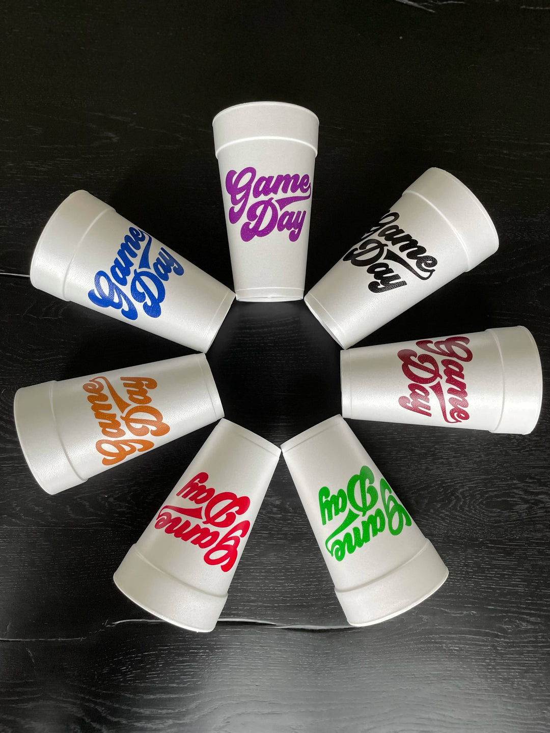 Eight 20oz white Game Day Foam Cups with “Game Day” in team colors. Available in sets of eight.