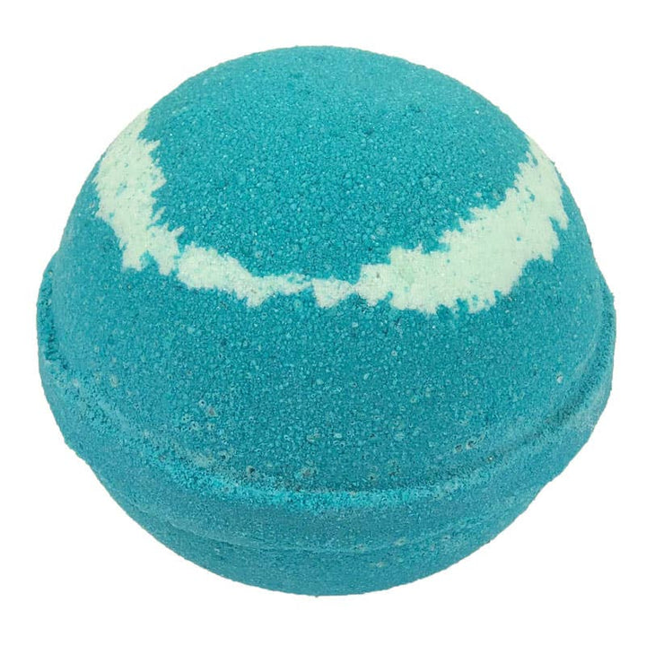 A teal-colored Mistletoe Bath Bomb with a faint white horizontal stripe pattern, ideal for wholesale, isolated on a white background.