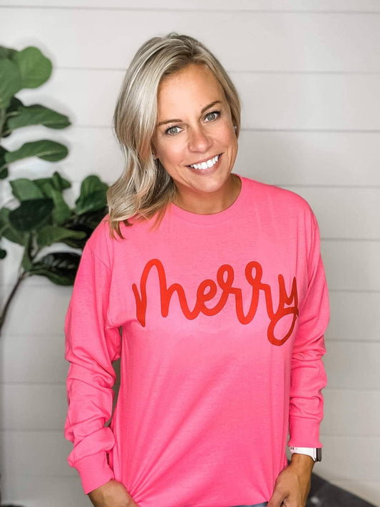 MERRY NEON LONG SLEEVE HOLIDAY GRAPHIC TEE