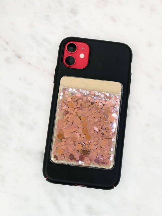 Glitter Phone Card Holder with 3M adhesive, rose gold and pink sequins. Available in standard and XL sizes.
