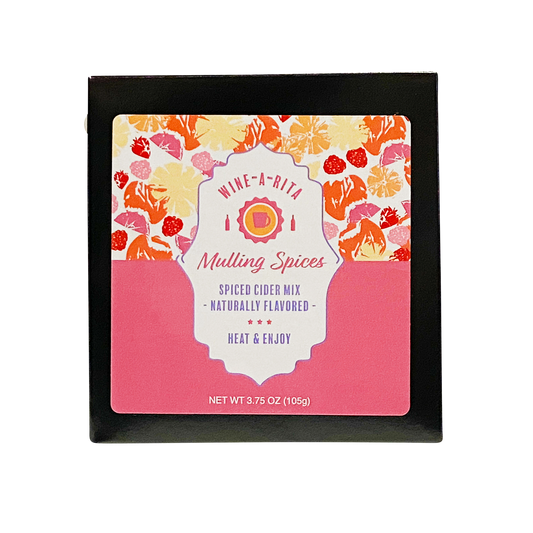 Mulling Spice Minis spiced cider mix, 3.75 oz (105g), pink and orange label, "Spiced Cider Mix, Naturally Flavored.