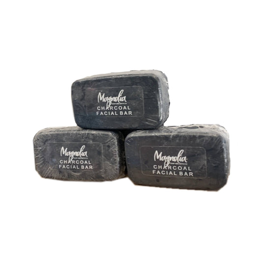 Charcoal Facial Bars come in a stack of three. They are designed for deep cleansing and detoxification of the skin. Each bar is prominently labeled "Charcoal Facial Bar." Available in one size.