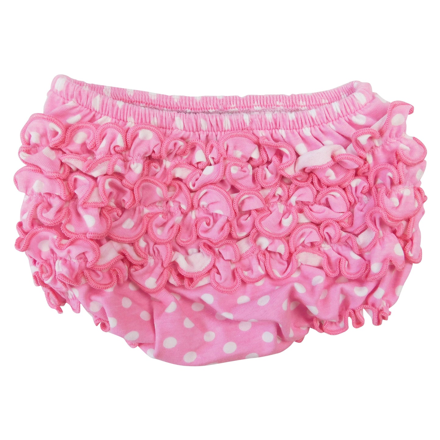 Pink Polka Dot Knit Ruffled Baby Bloomers: 12-24 mo, isolated on a white background.