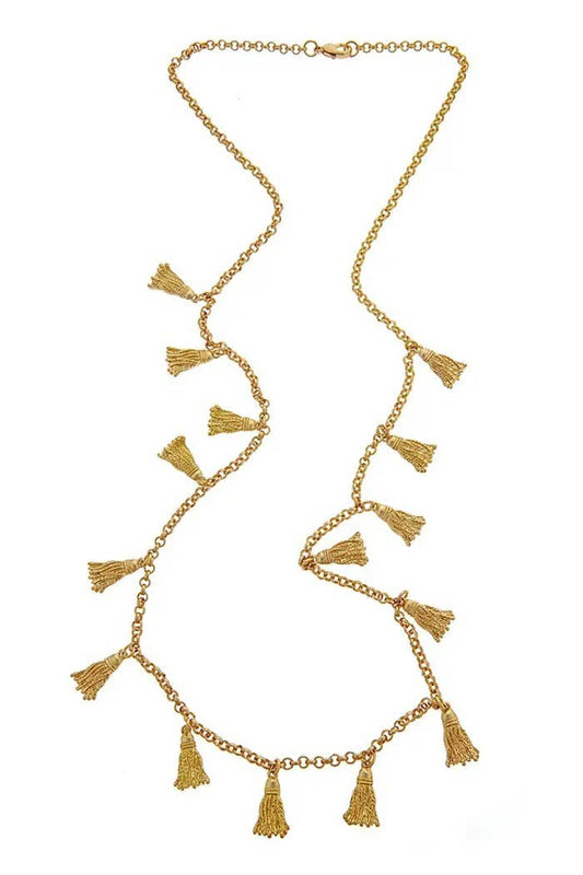 Long Calypso Necklace: gold chain with small tassel pendants evenly spaced. Available sizes: S, M, L.