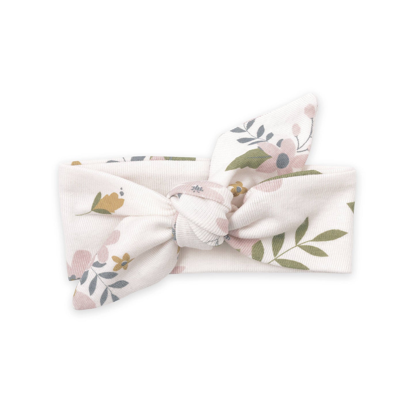 Knotted headband with flowers and green leaves on a white cotton base