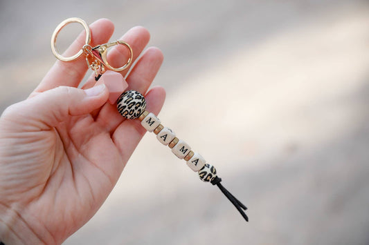 BLACK Leopard Beaded Mama Keychain