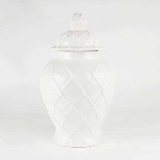 White Textured Ginger Jar - Extra Large with lattice pattern and matching lid. Also available in multiple sizes.