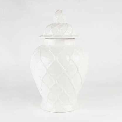 White Textured Ginger Jar - Extra Large with lattice pattern and matching lid. Also available in multiple sizes.