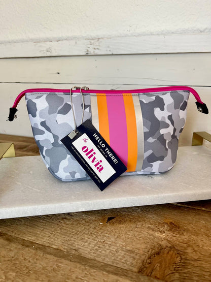 Olivia Small Neoprene Makeup Bag: gray camo, pink/orange stripes, pink zipper, "HELLO THERE! olivia" tag. Available in small size.