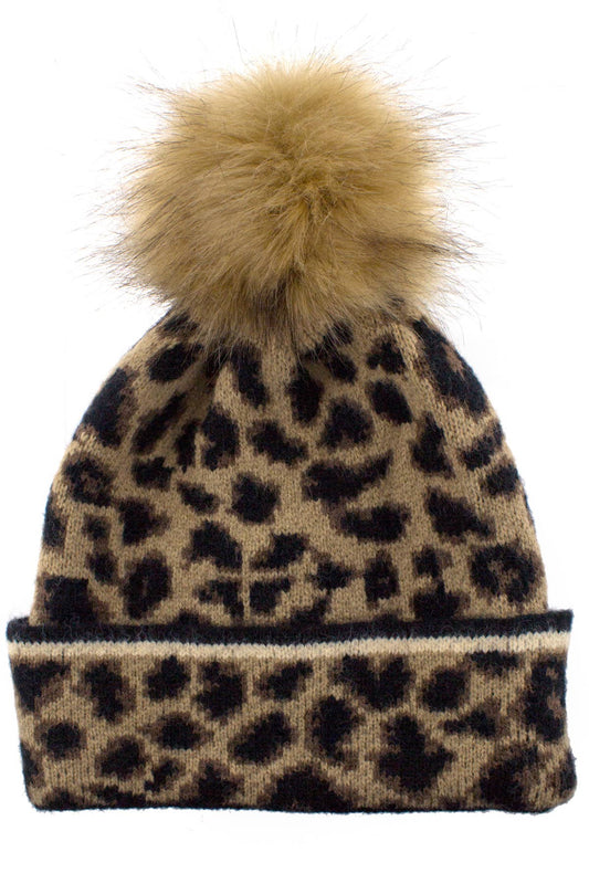 Brown and black leopard print beanie with large pom-pom on top. Sizes available: S, M, L.
