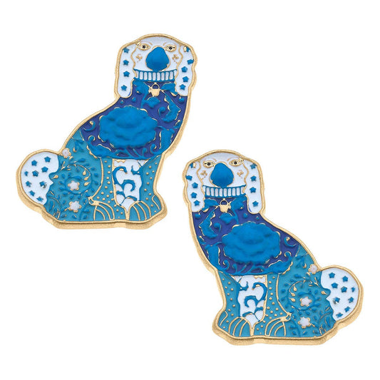 Blue and white enamel Staffordshire dog stud earrings with floral details, gold plating, available in one standard size.