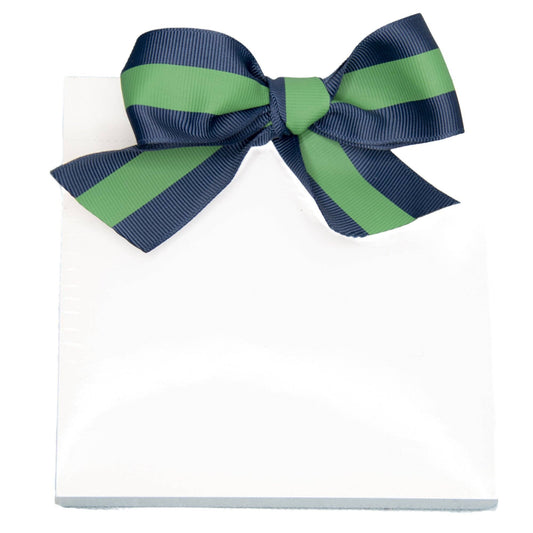 Stack of white notepaper with navy and green striped ribbon bow on top. Available in small, medium, and large sizes.