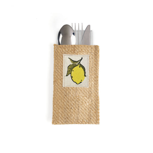 Set of 8 woven jute silverware pouches with lemon-illustrated patches. Reusable, each holds spoon, knife, fork. Sizes: standard.