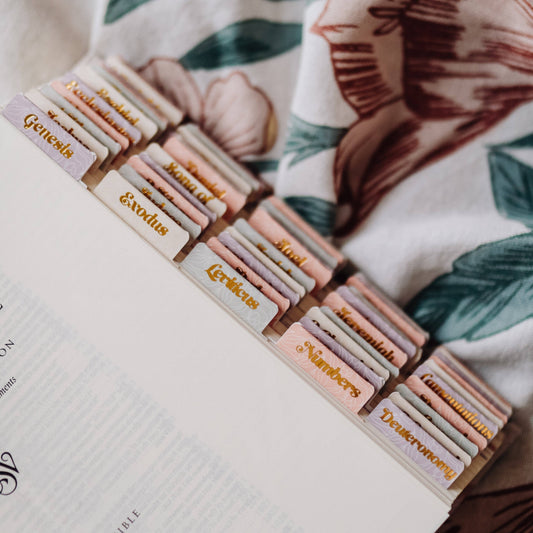 Pastel Floral Bible Tabs for Genesis, Exodus, Leviticus, Numbers; soft colors; available in standard tab size.