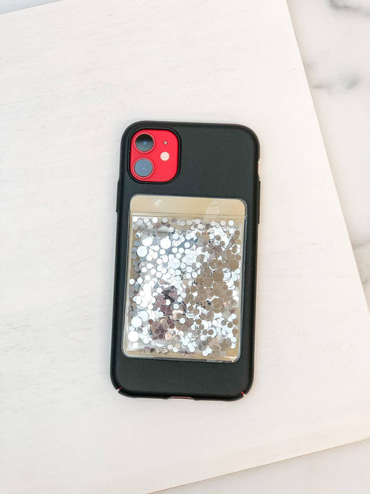 Glitter Phone Card Holder with clear pocket of silver and white sequins; attaches via 3M Peelable Adhesive; sizes: S, M, L.
