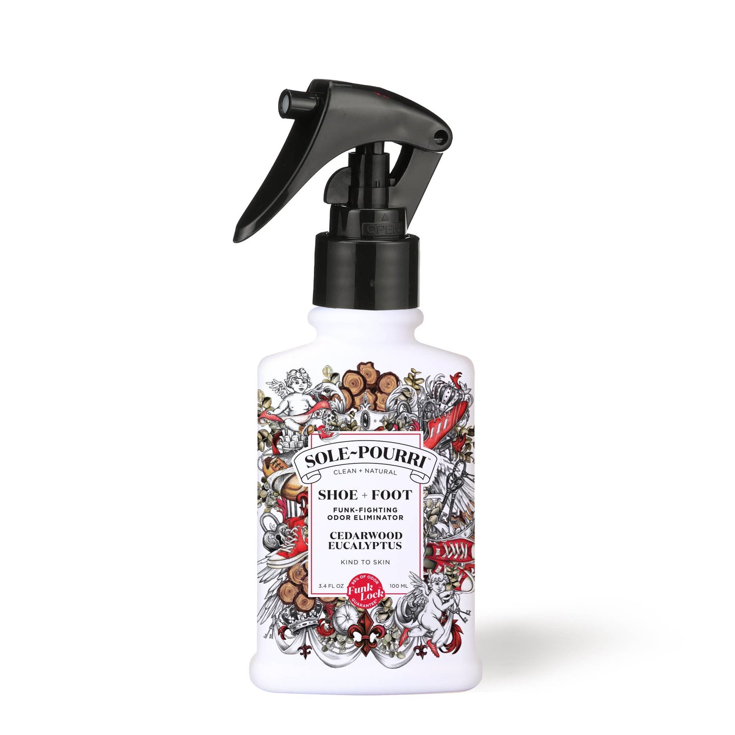 The product is a spray bottle of "Sole~Pourri Shoe + Foot Odor Eliminator Spray, Cedarwood + E". It is white and features a creative label adorned with red and black doodles of fruits and shoes. The spray deodorizes shoes using plant-based enzymes. The scent profile is primarily cedarwood with hints of other natural elements. Available in one size: 1.5 fl oz.