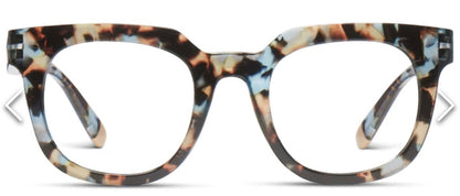 Peepers-Harlow eyeglasses: chunky tortoiseshell rectangular frame in brown, blue, and beige. Available in multiple sizes.