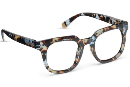 Peepers Harlow eyeglasses: oversized soft square chunky frame, rounded edges, dark brown, light brown, and blue. Sizes: S/M/L.