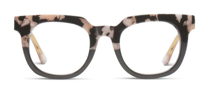 Peepers Showbiz Focus eyeglasses with thick black marble and pale pink tortoiseshell rectangular frames. Sizes: small, medium.