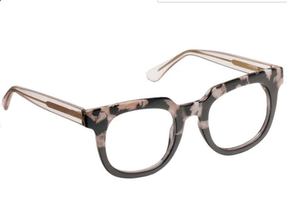 Rectangular eyeglasses with thick black marble tortoiseshell frame and clear arms. Available in multiple sizes.