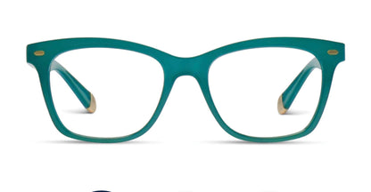 Peepers Poppy Teal eyeglasses: rectangular, slightly rounded teal frames from recycled water bottles. Sizes: narrow, wide.