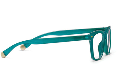 Peepers- Poppy in Teal: thick, eco-friendly teal frames, rounded rectangular lenses, beige-tipped arms. Sizes: narrow, wide.