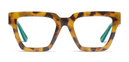 Oversized square Sterling eyeglasses with thick tortoiseshell frames, green inner arms; available in multiple sizes.