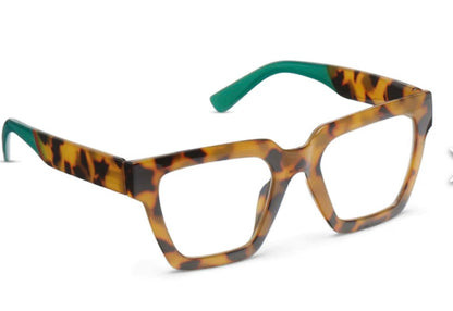 Peepers Sterling oversized square eyeglasses, tortoiseshell frame, green tips, recycled materials. Sizes: small, medium, large.