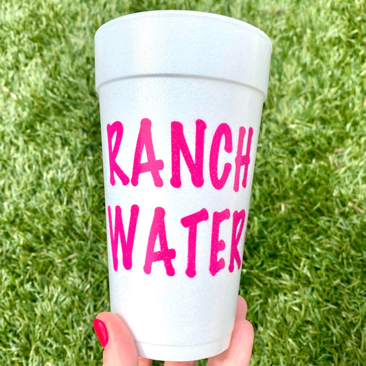 20oz Ranch Water Foam Cup with bold pink lettering. Available in multiple sizes.