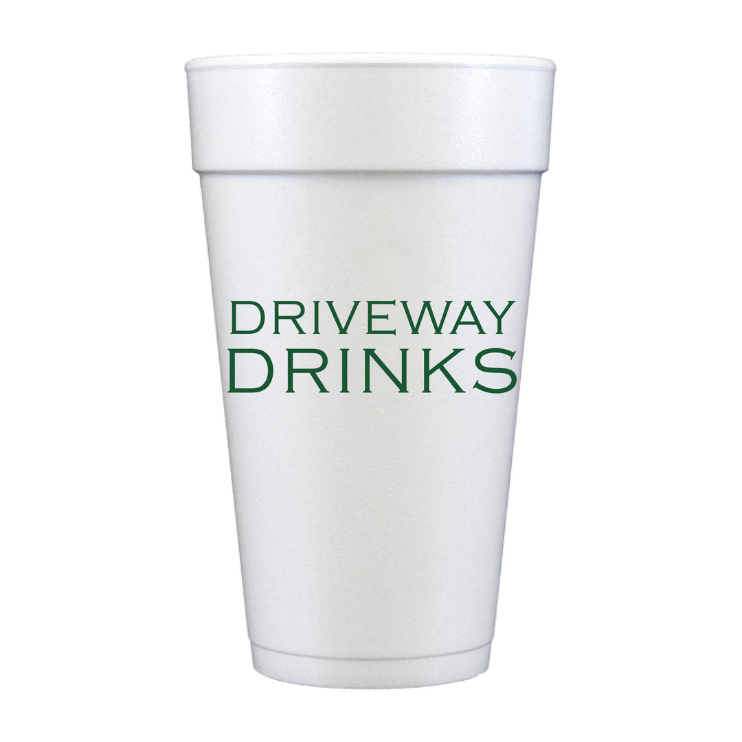 Pack of 10 large 20 oz white foam cups with “DRIVEWAY DRINKS” in green. Sizes: 20 oz.