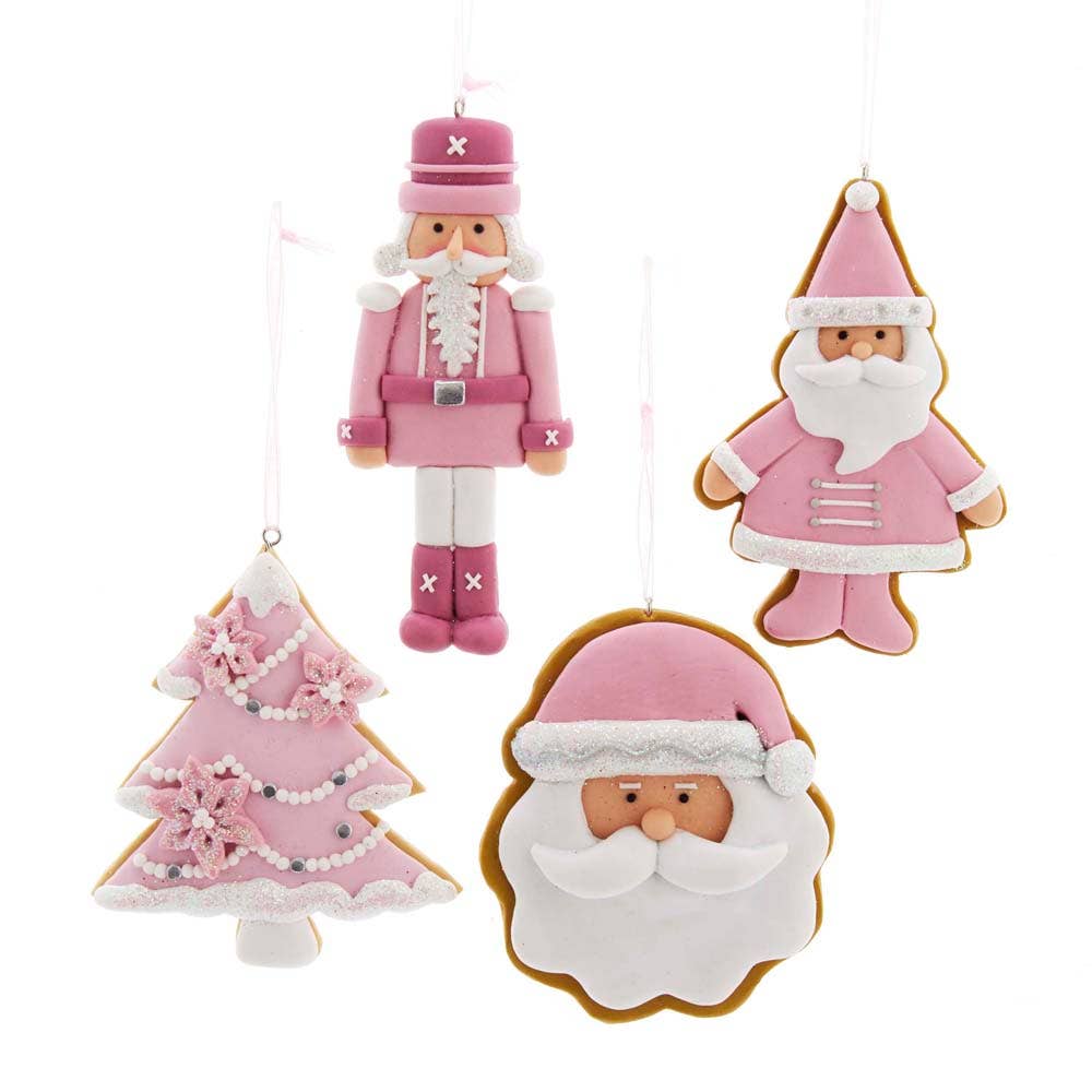 Four pink and white holiday ornaments: Pink Santa Cookie Ornament, nutcracker, Christmas tree, and Santa face.