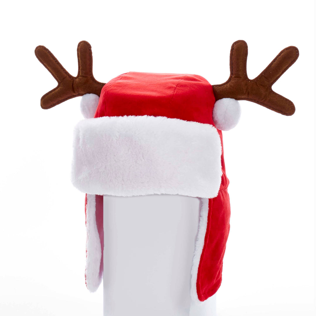 12″ red Santa hat with white faux fur trim and brown plush reindeer antlers.