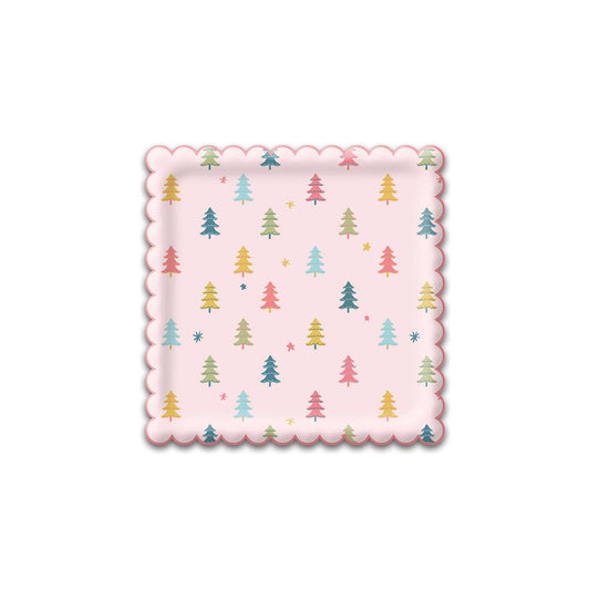 Bright Holiday Square Scallop Trees Paper Plate