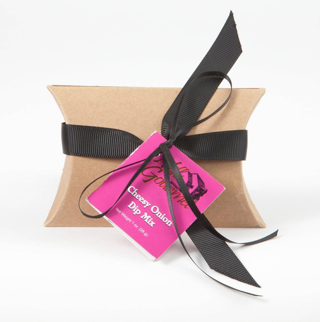 Cheesy Onion Dip Mix Case in small brown pillow box with black ribbon, pink tag. Available sizes not specified.