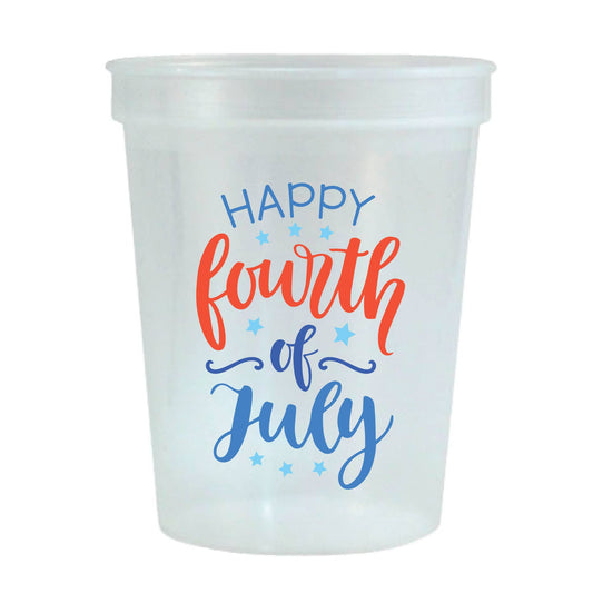 Set of 6 red, white, and blue stadium cups with "Happy Fourth of July" text. The word "fourth" is in red script; other words are in blue. Blue stars scattered around the text. Perfect for July 4th celebrations. Reusable and patriotic. **Size available: 16 oz**