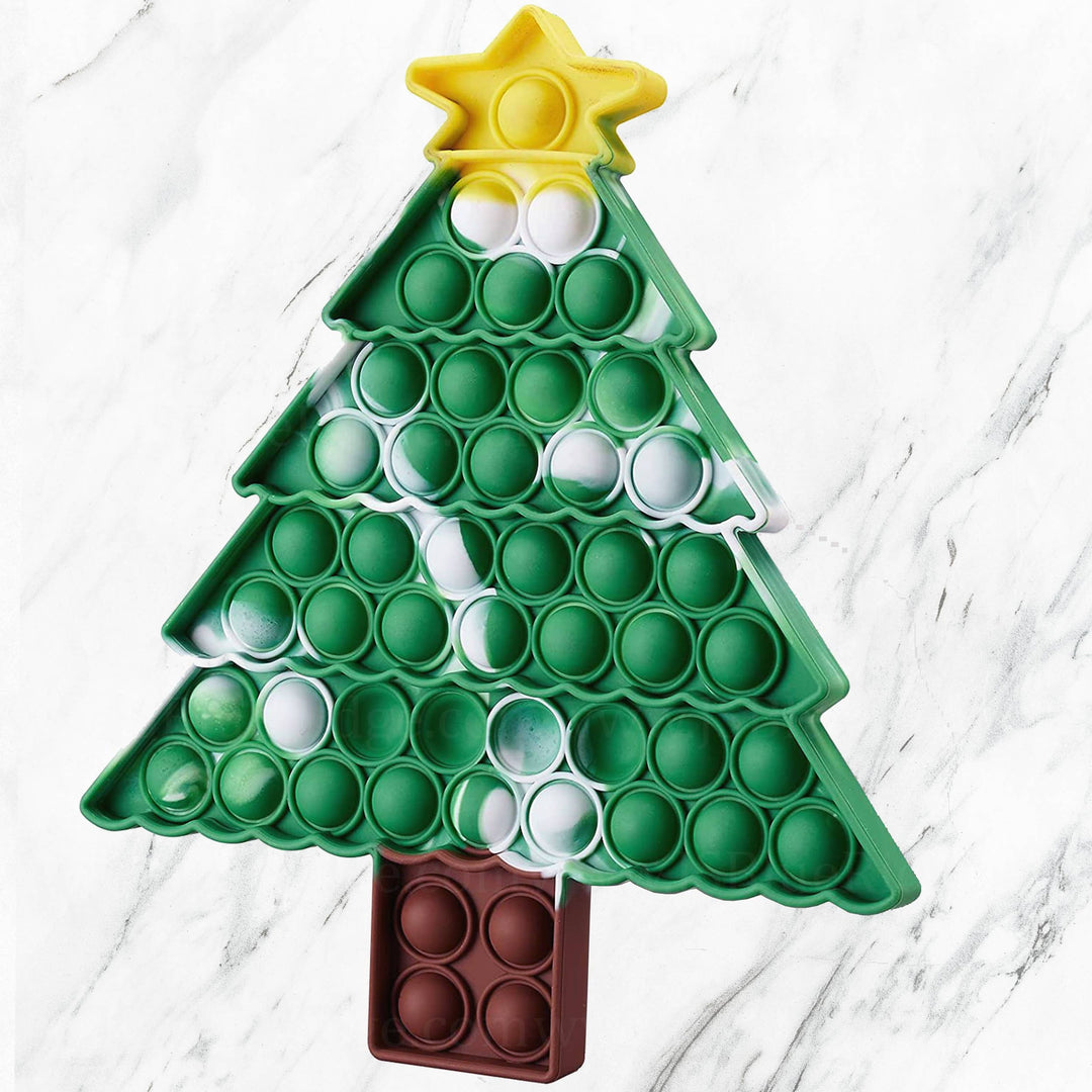 Christmas tree-shaped pop-it fidget toy with green, white, and brown marbled segments and a yellow star.
