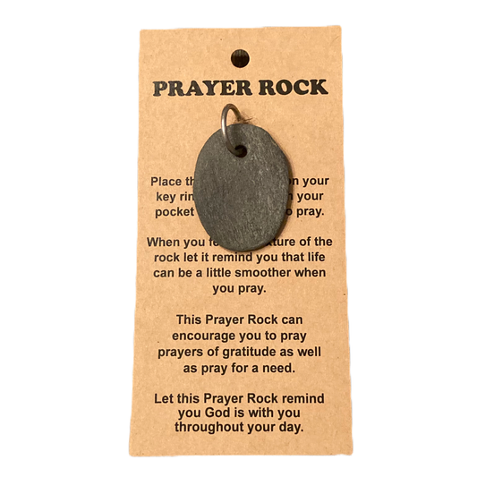 Black oval Prayer Rock with small ring, attached to brown "Prayer Rock" card. Available in multiple sizes.